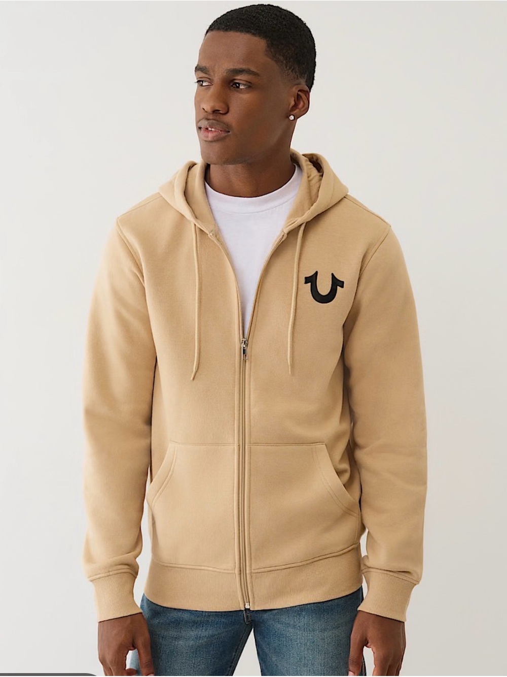 True Religion Men’s Buddha Seal Zip Hoodie XL Beige Tan Horseshoe Logo NWT